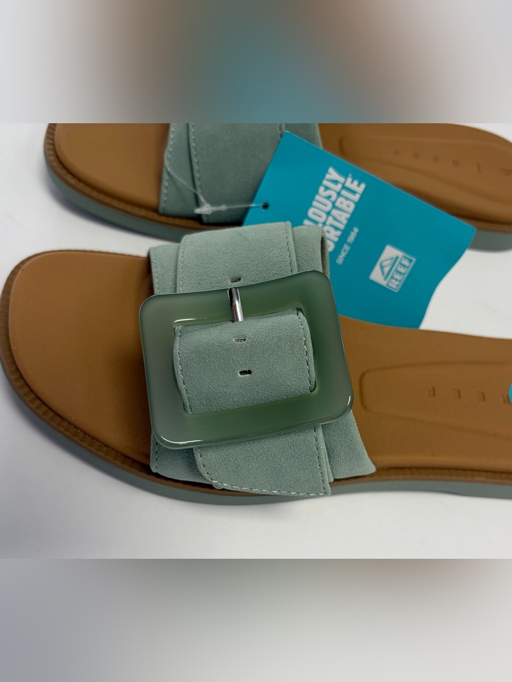 Reef Mint Green Slide Sandals with Tan Footbed - Picture 6 of 9